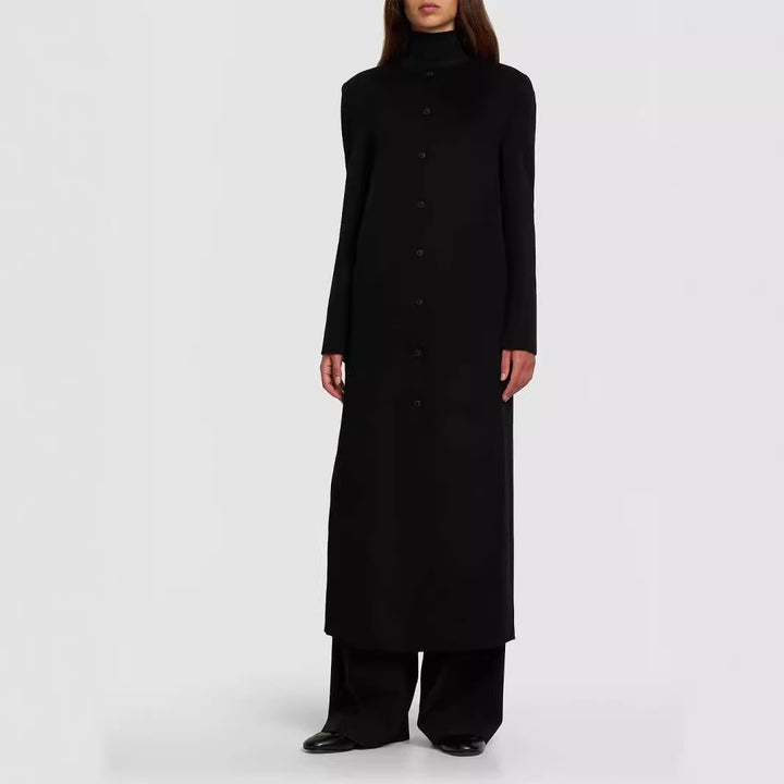 Damen Langer Minimalistischer Stehkragenmantel aus Wollmix mit verdeckter Knopfleiste Echoarchiv
