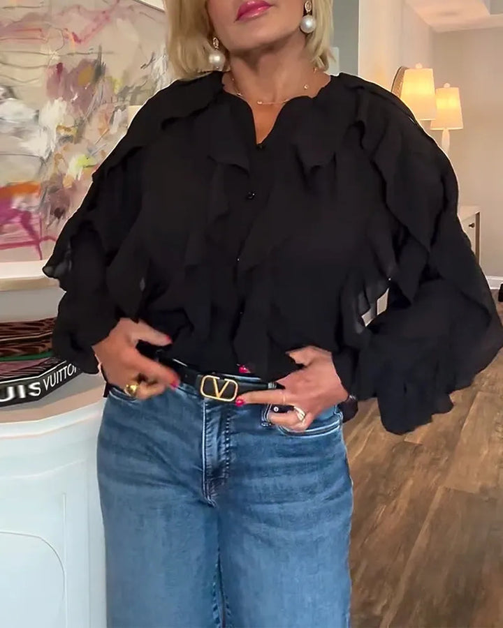 Damen nan semitransparente Lagenvolant-Bluse aus Chiffon mit Ballonärmeln und verdeckter Knopfleiste Echo Archiv