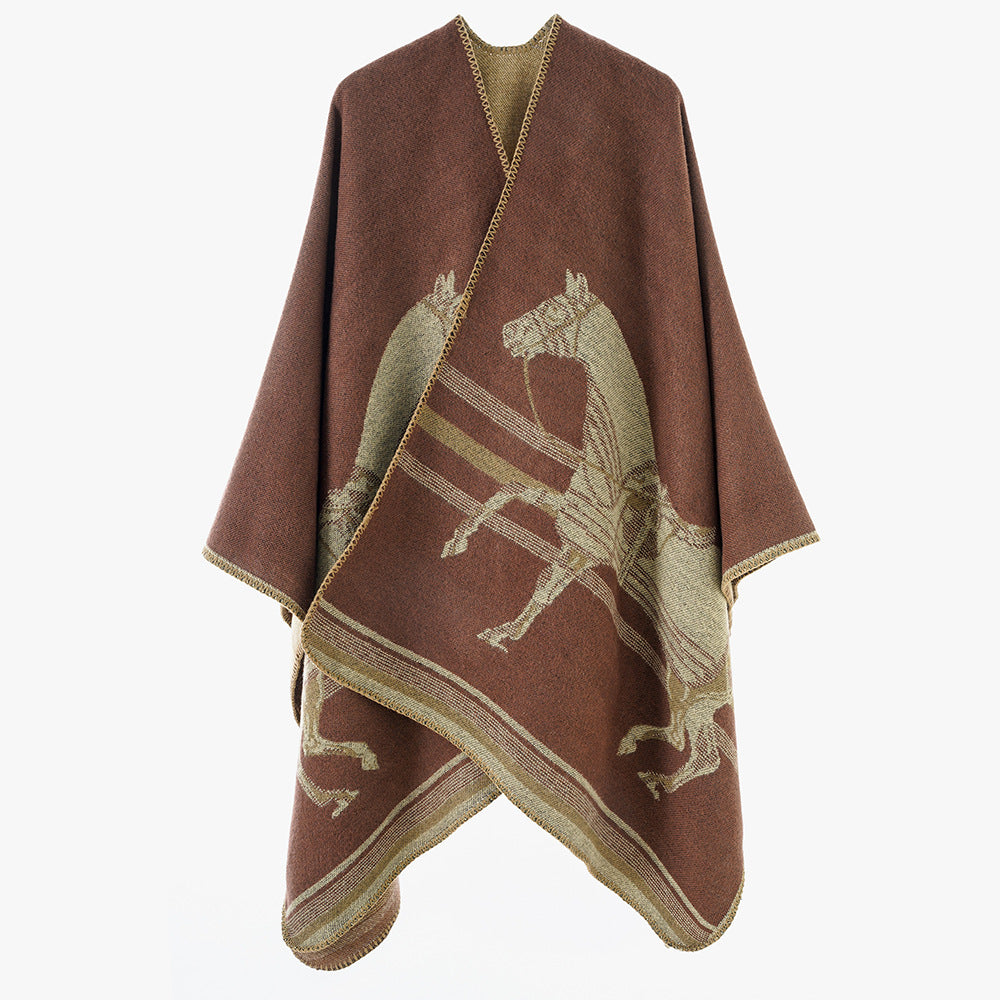 Damen Poncho-Cape aus Wollmix mit gewebtem Pferde-Jacquard und kontrastkettelung – Avérine