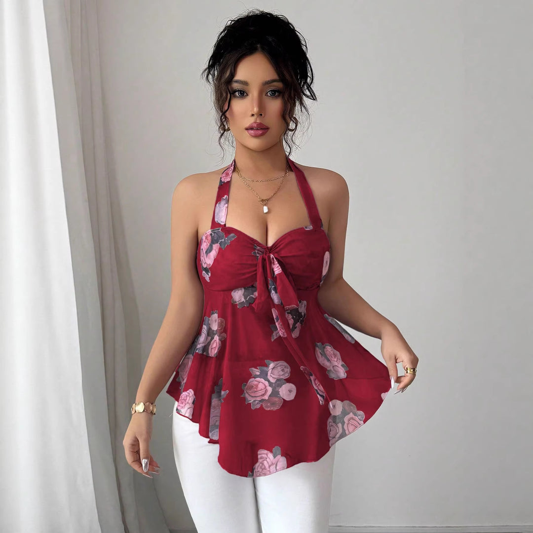 Damen Neckholder-Bustier-Top mit gerafftem Bindedetail und ausgestelltem Volantsaum Echo Archiv