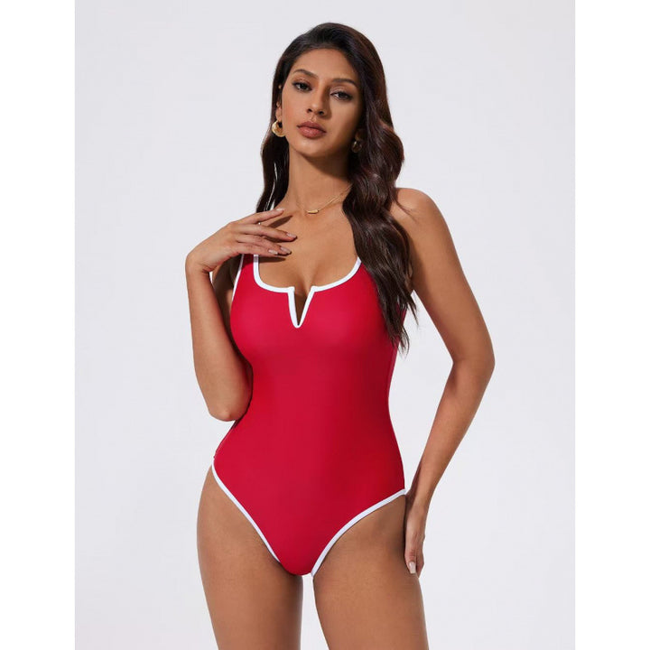 Damen Einteiliger Badeanzug mit tiefem V-Ausschnitt und kontrastierenden Details Echo Archiv