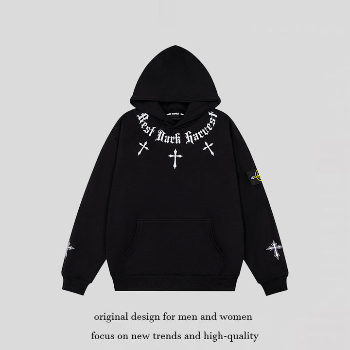 Unisex Oversize Kapuzenpullover mit Gothic-Kreuz-Print, Kängurutasche und Rippbündchen Echoarchiv