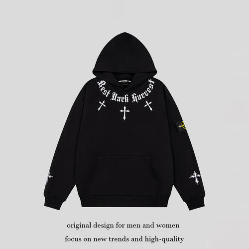 Unisex Oversize Kapuzenpullover mit Gothic-Kreuz-Print, Kängurutasche und Rippbündchen Echoarchiv