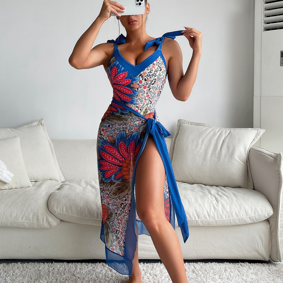 Damen Eleganter und komfortabler Blumendruck-Badeanzug mit passendem Wickelrock Echo Archiv