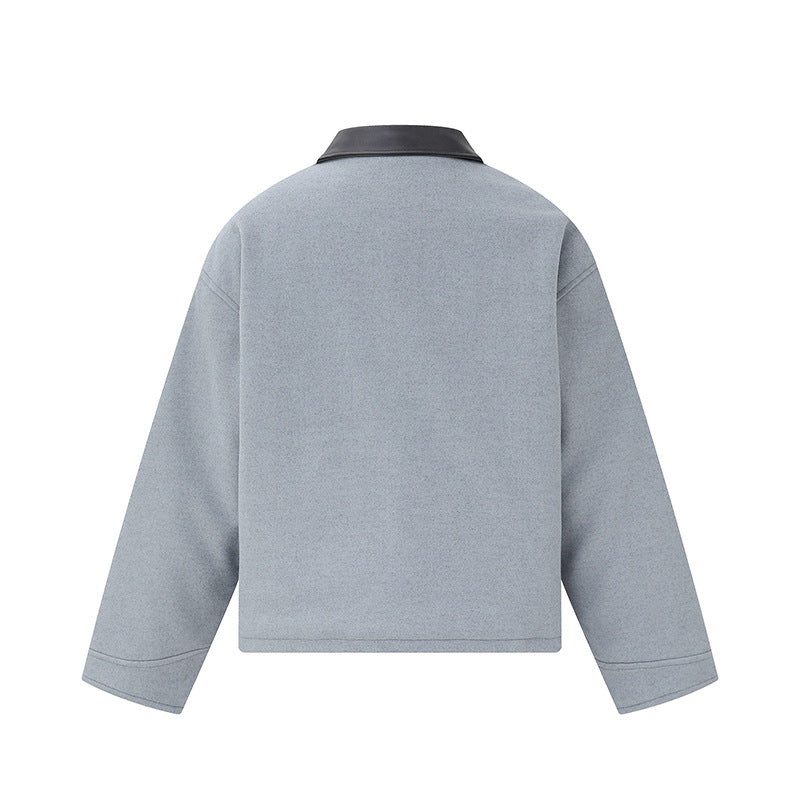 Unisex Kurzblouson im minimalistischen Workwear‑Look aus Wollmix mit Lederoptikkragen Echoarchiv