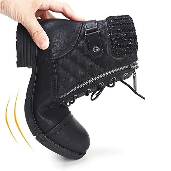 Damen Combat-Boots mit gesteppter Knöchelmanschette, Strickkragen und seitlichem Reißverschluss Echo Archiv