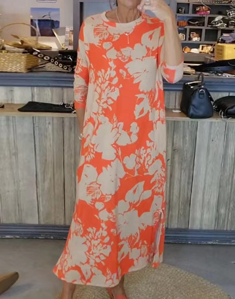 Damen nan fließendes A-Linien-Maxikleid mit Dreiviertelärmeln Rundhalsausschnitt Seitenschlitz und Eingrifftaschen Echo Archiv