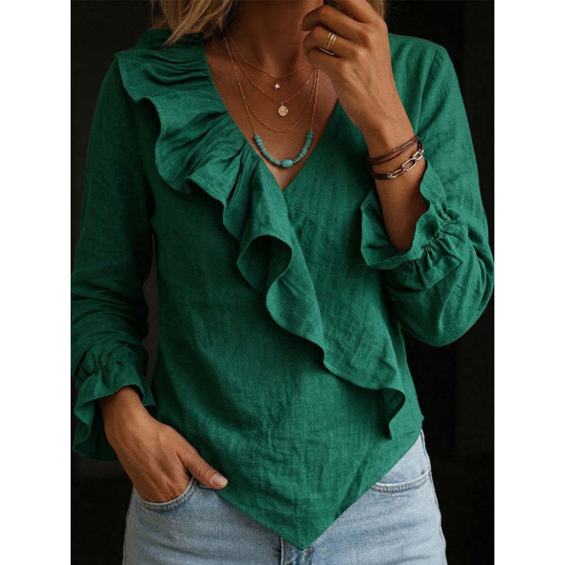 Damen Volant‑Bluse im Leinenlook mit Wickeloptik und asymmetrischem Zipfelsaum Echoarchiv