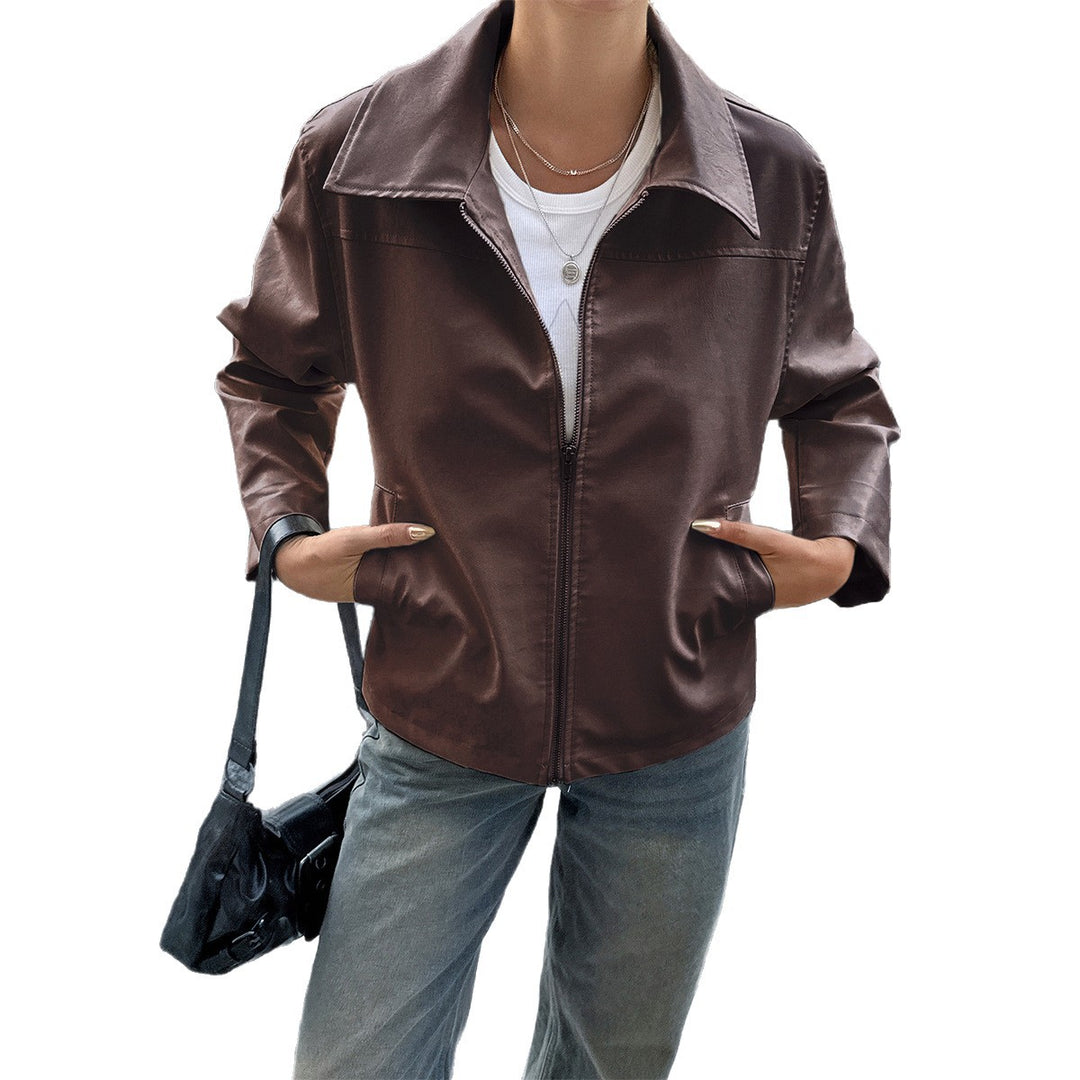 Damen elegante Kunstlederjacke mit Reißverschluss, Hemdkragen und Eingrifftaschen – Célinea