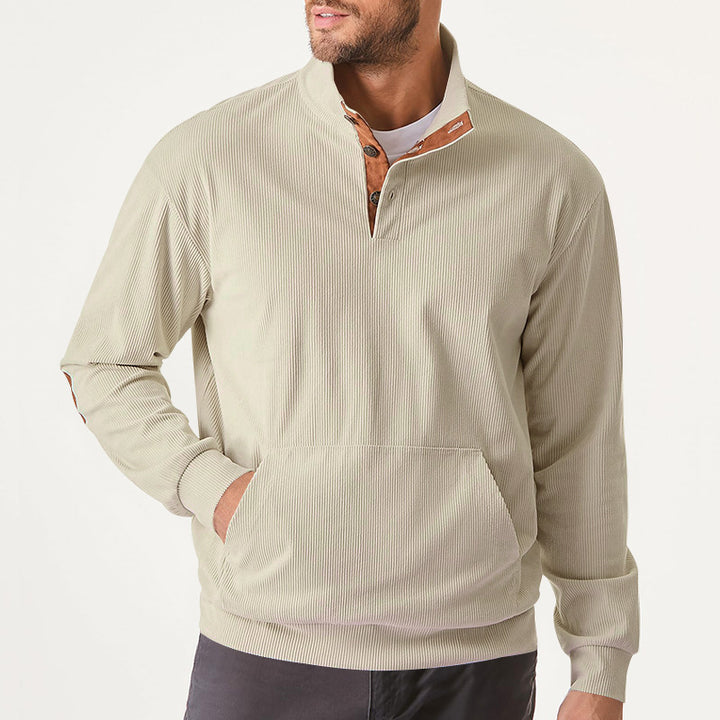 Herren Strukturiertes Ripp-Henley-Sweatshirt mit Stehkragen, Kängurutasche & Velours-Ellbogenpatches – Cavarno