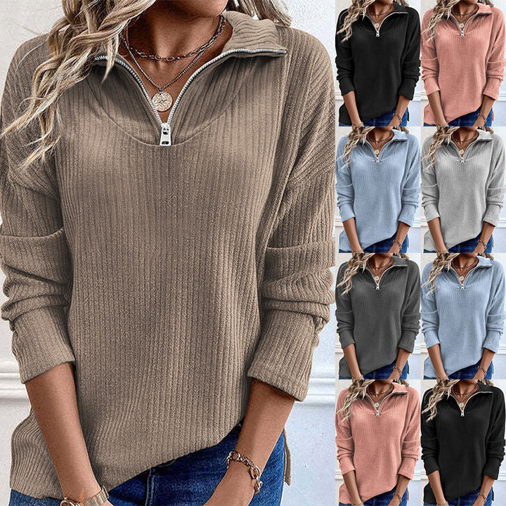 Damen Rippstrick Feinstrickpullover mit halbem Reißverschluss und Stehkragen Echoarchiv