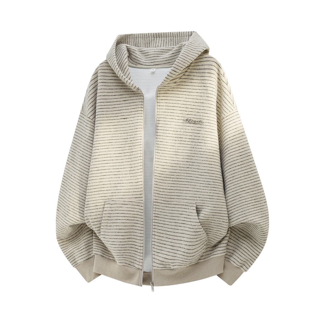 Unisex Oversize Kapuzenjacke mit durchgehendem Reißverschluss, feinem Streifenstrick und Kängurutaschen Echo Archiv