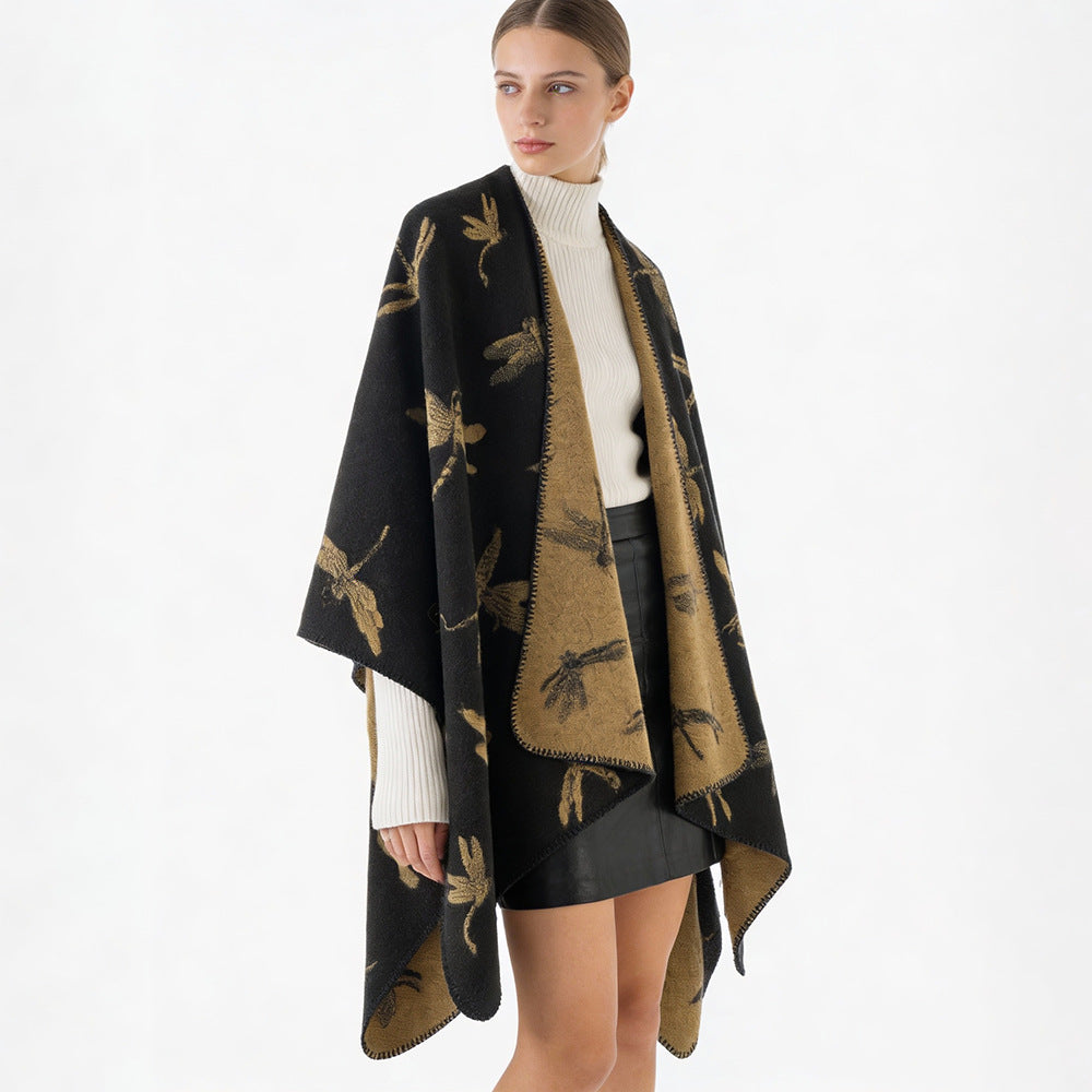 Damen Reversibler Cape-Poncho mit Libellen-Jacquard und feinem Saum – Célinea