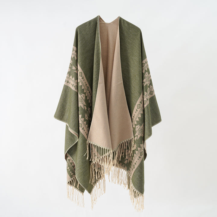Damen Kaschmir‑Optik Überwurfponcho mit geometrischer Bordüren‑Jacquard und Fransen Echo Archiv