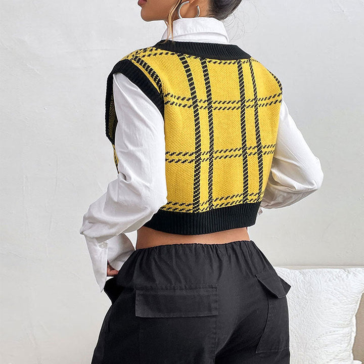 Damen Kurzgeschnittener Strickpullunder mit tiefem V-Ausschnitt und Glencheck-Karo Echoarchiv