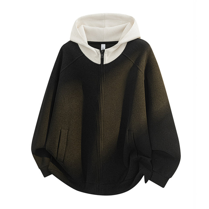 Damen Oversize Strick-Kapuzenjacke mit durchgehendem Reißverschluss, Kontrastkapuze & geripptem Strukturmix Echoarchiv