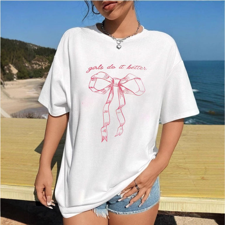 Damen T-Shirt mit kreativem Katzenmotiv und verspielter Schleife Echo Archiv