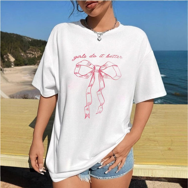 Damen T-Shirt mit kreativem Katzenmotiv und verspielter Schleife Echo Archiv