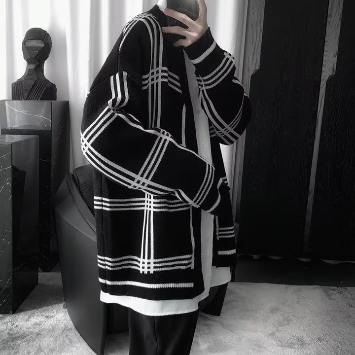 Herren Oversized Strickcardigan mit Karomuster und offener Front Echoarchiv