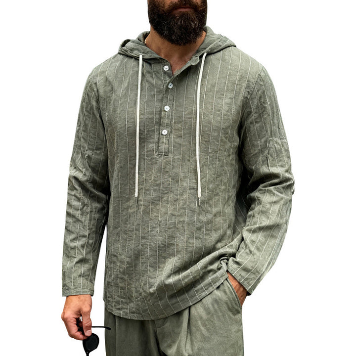 Herren nan Kapuzenshirt aus Leinenmix mit halber Knopfleiste und Nadelstreifen Echo Archiv