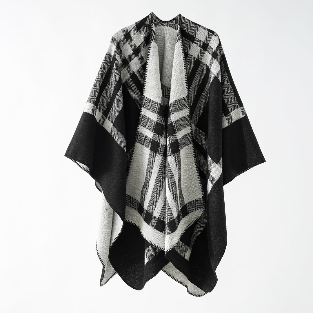 Damen Oversize-Webponcho im kastigen Kimono-Fall mit geometrischer Karo-Struktur Echo Archiv