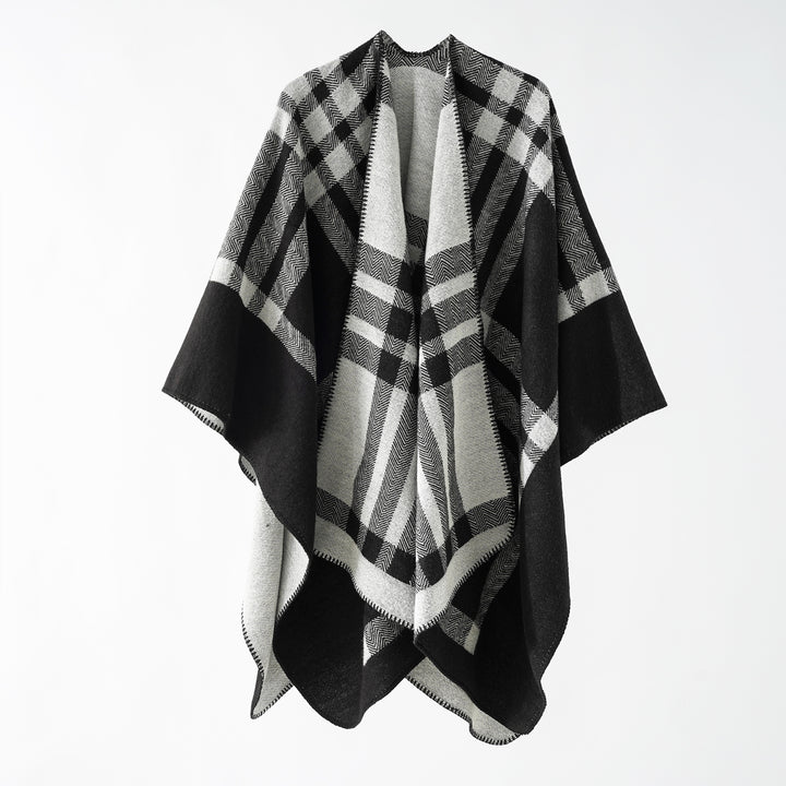 Damen Oversize-Webponcho im kastigen Kimono-Fall mit geometrischer Karo-Struktur Echo Archiv