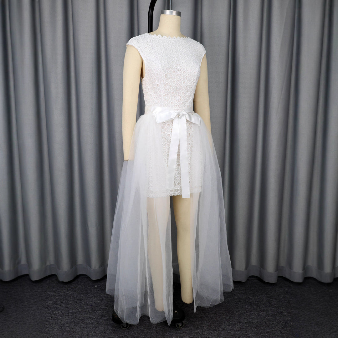 Damen Midi-Brautkleid mit verziertem Oberteil und transparentem Tüll Überrock Echo Archiv