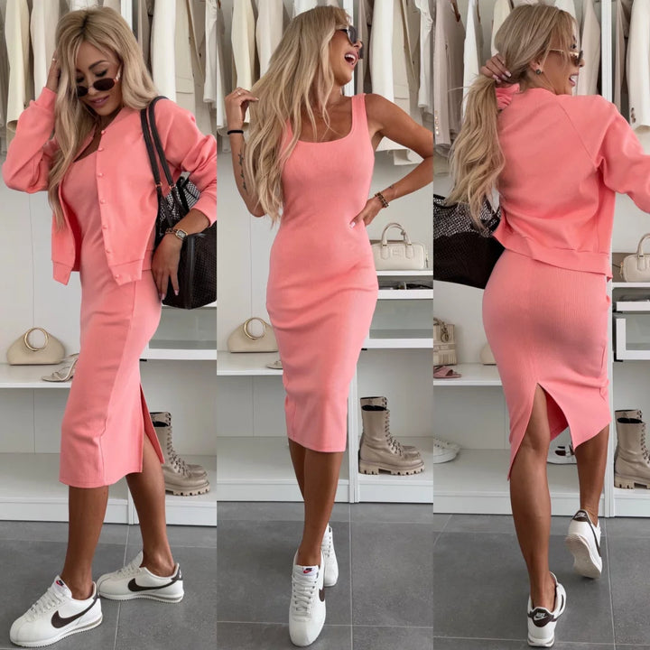 Damen tailliertes Strick-Midikleid mit feiner Rippstruktur und kurzer Button-Jacke – Élanora