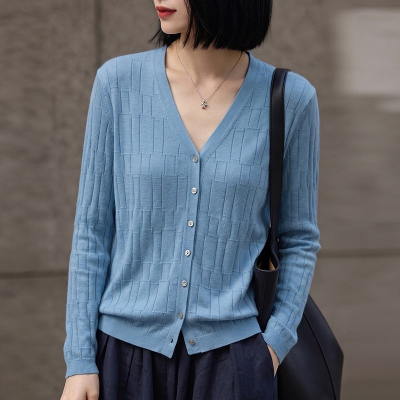 Damen V‑Ausschnitt-Feinstrickcardigan mit strukturierter Blockoptik und durchgehender Knopfleiste Echoarchiv