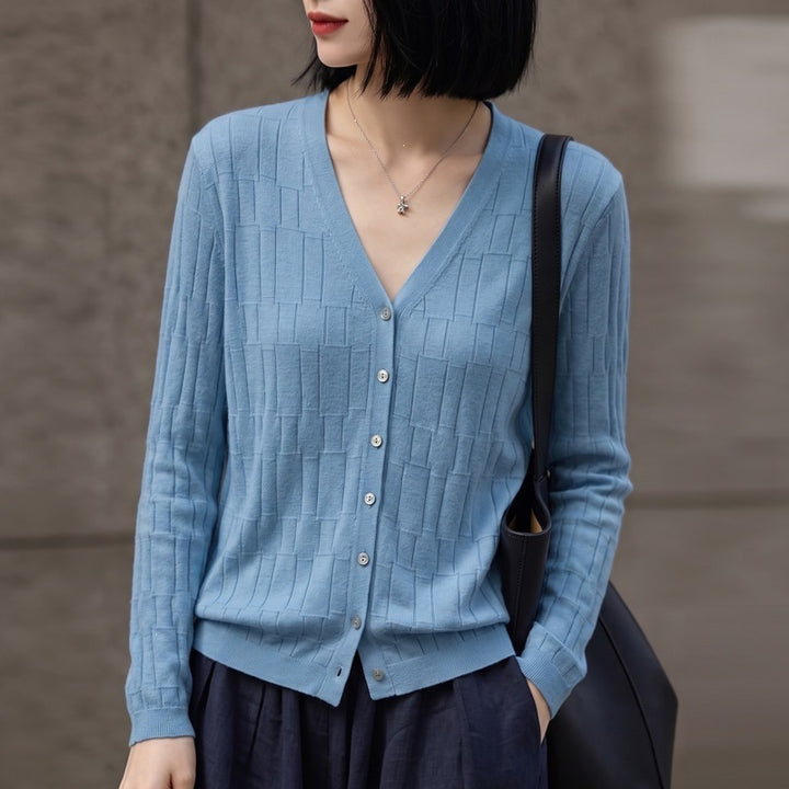 Damen V‑Ausschnitt-Feinstrickcardigan mit strukturierter Blockoptik und durchgehender Knopfleiste Echoarchiv