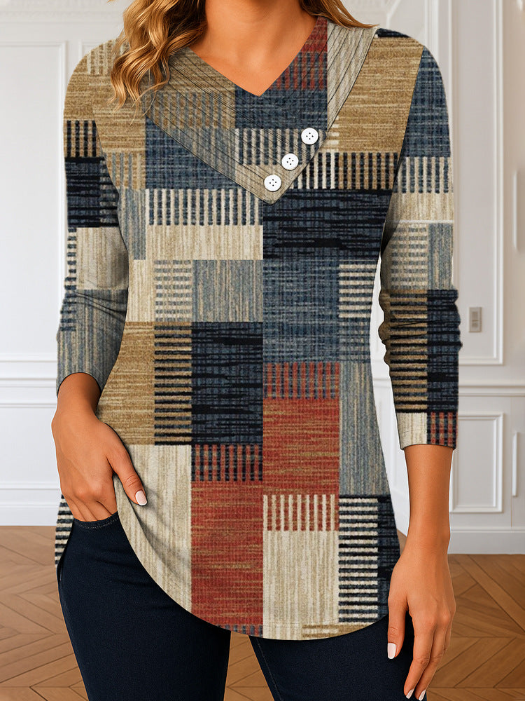 Damen Langarm-Tunika mit asymmetrischem V-Ausschnitt, Zierknopfleiste und kariertem Patchworkmuster – Avérine