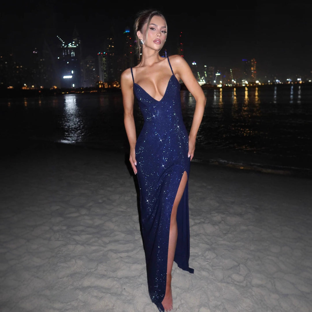 Damen Glamouröses Maxikleid mit tiefem V-Ausschnitt und strahlenden Pailletten Echo Archiv