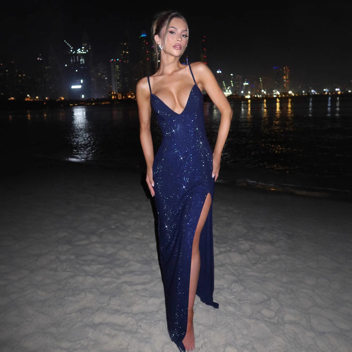 Damen Glamouröses Maxikleid mit tiefem V-Ausschnitt und strahlenden Pailletten Echo Archiv