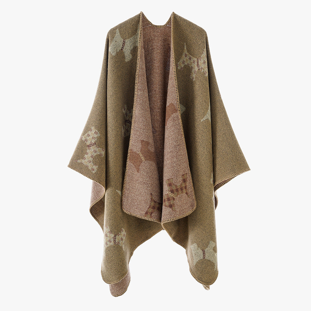 Damen Reversibler Wollmix-Umhang mit Terrier-Jacquardmuster – Avérine