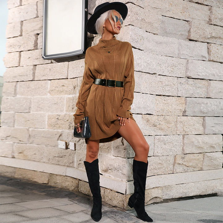 Damen Strickkleid mit Rollkragen, Zopfmuster und taillierendem Gürtel Echoarchiv