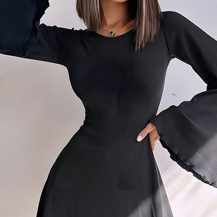Damen A-Linien Minikleid mit ausgestellten Trompetenärmeln und taillierter Silhouette – Élara