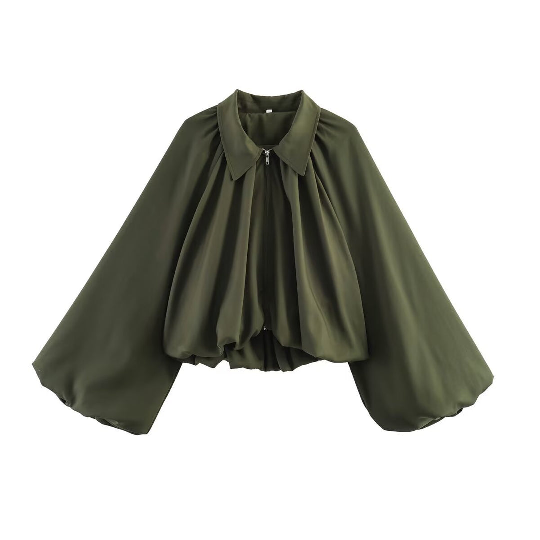 Damen Cropped-Blusenjacke mit Hemdkragen, geraffter Passe und weitem Volumenärmel Echoarchiv