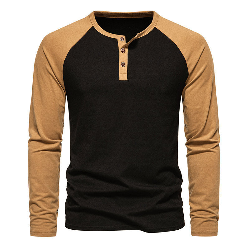 Herren Langarm-Henley-Shirt mit kontrastierenden Ärmel und modischem Knopfdesign Echoarchiv