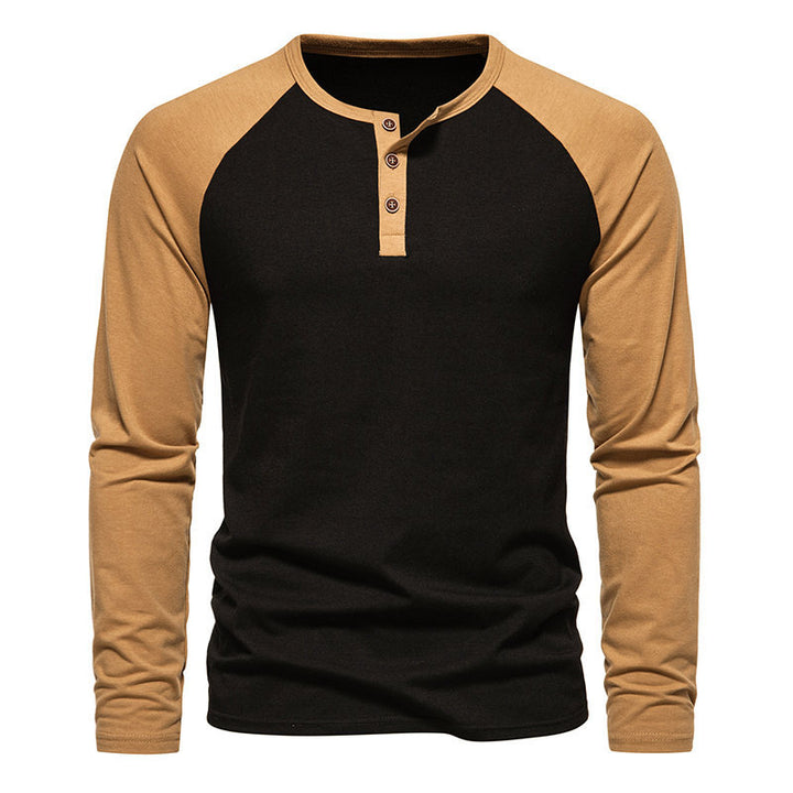 Herren Langarm-Henley-Shirt mit kontrastierenden Ärmel und modischem Knopfdesign Echoarchiv