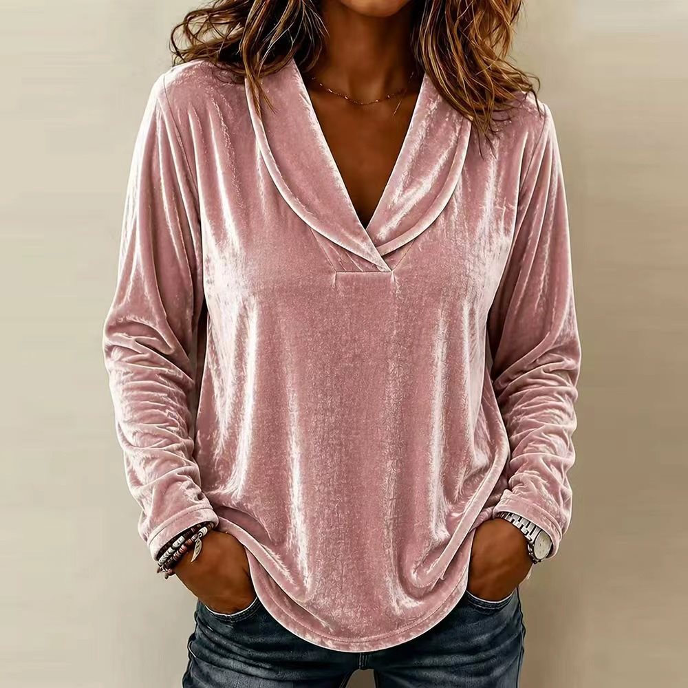Damen Velours-Longsleeve mit tiefem Schalkragen und gerundetem Saum Echo Archiv