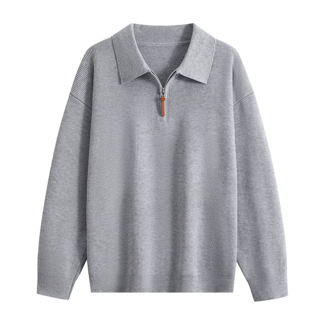 Damen Oversize Rippstrick-Pullover mit Polokragen & Kurz‑Zip Echoarchiv