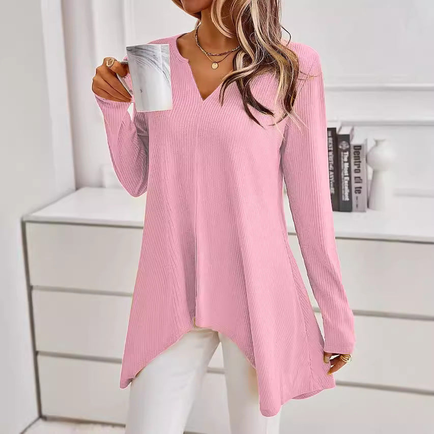 Damen Ripp Longsleeve Tunika mit V-Ausschnitt und asymmetrischem Haifischsaum Echoarchiv