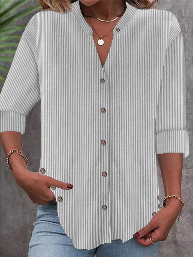 Damen Freizeit Gestreiftes Hemd Bluse mit Stehkragen, Durchgängige Knopfleiste und Roll-up 3/4 Ärmeln – Élovi