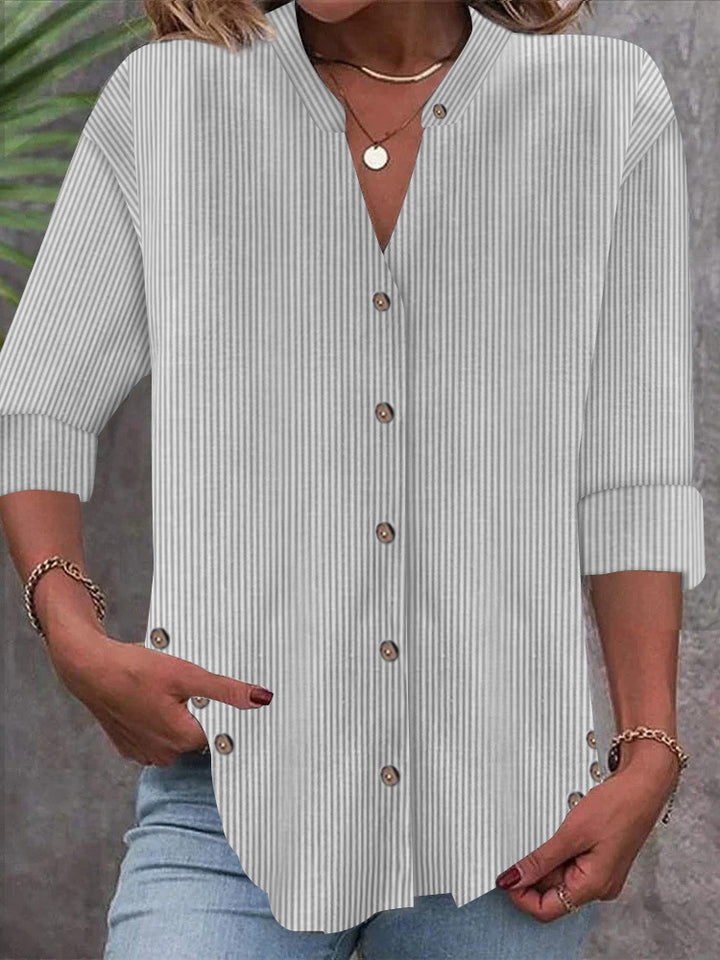 Damen Freizeit Gestreiftes Hemd Bluse mit Stehkragen, Durchgängige Knopfleiste und Roll-up 3/4 Ärmeln – Élovi