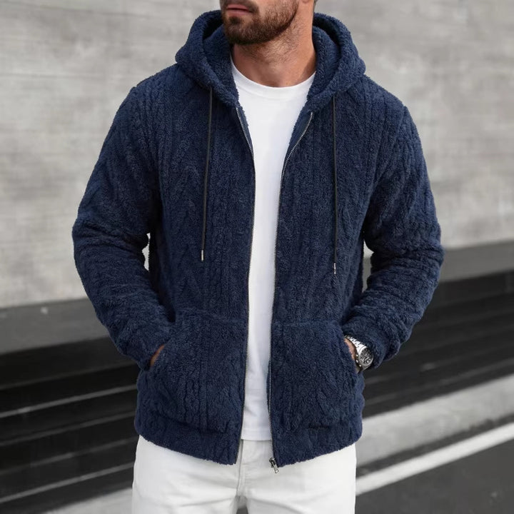 Herren kuschelige Kapuzenjacke aus Teddyfleece mit durchgehendem Reißverschluss und Kängurutaschen – Cavarno