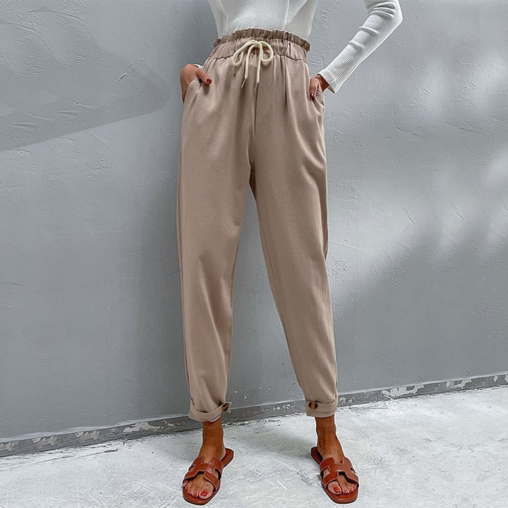 Damen Lässige Hose mit hohem Bund, Tunnelzug, Eingrifftaschen und konischer Beinform Echoarchiv