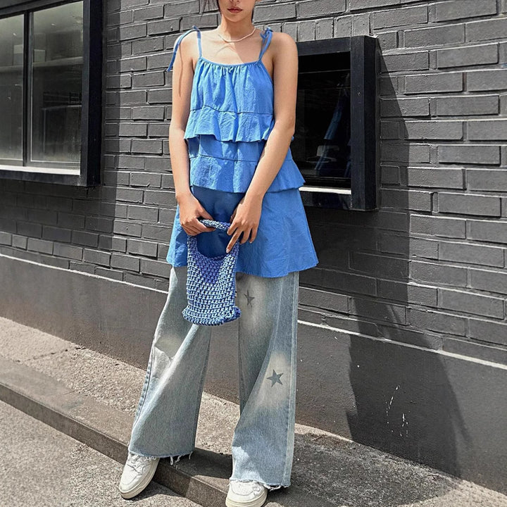 Damen luftiges Schwingkleid mit mehrlagigem Design und verstellbaren Trägern Echo Archiv