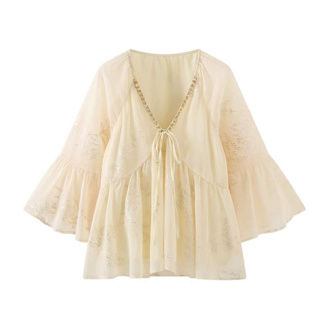 Damen leichtes Blusenshirt mit fließendem Schnitt und eleganten Bindebanddetails Echo Archiv