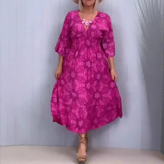 Damen nan fließendes Kaftan-Midikleid mit V-Ausschnitt, lockerer Silhouette, Stufenrock und dreiviertel-Ärmeln Echo Archiv