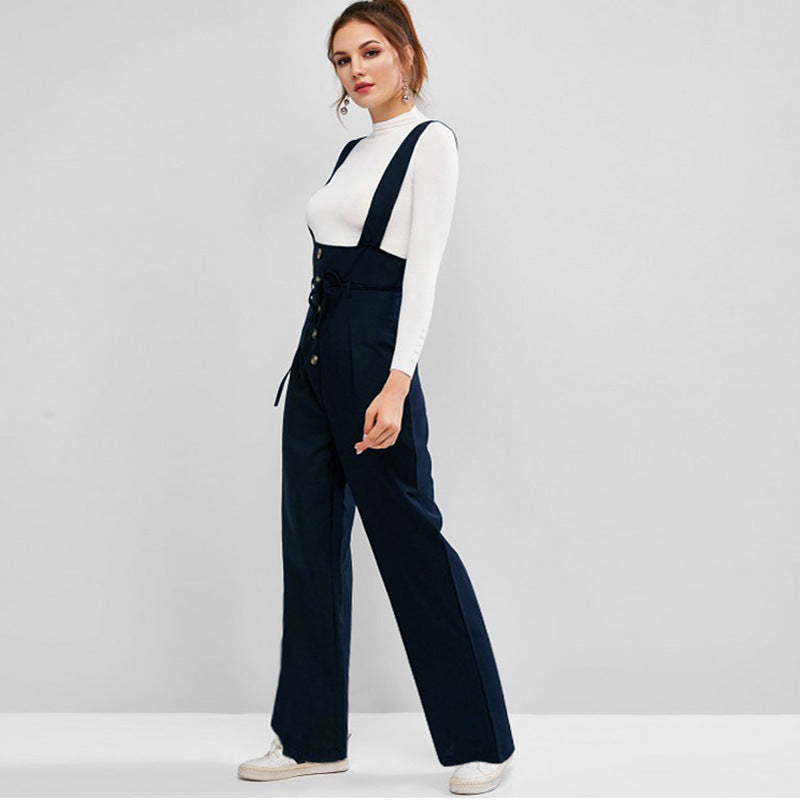 Damen High-Waist Latzhose-Jumpsuit mit Knopfleiste und breiten Trägern – Avérine